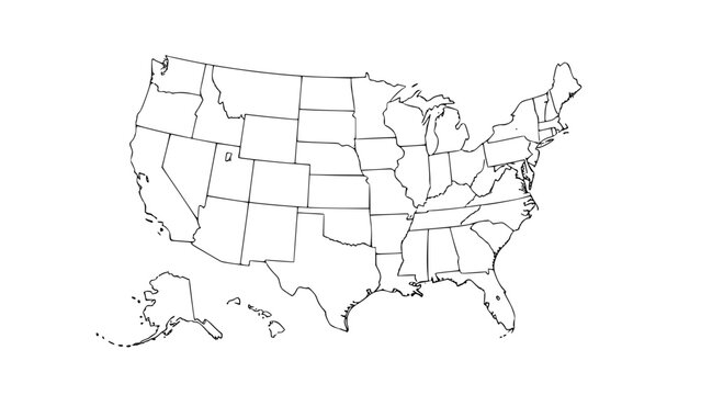 United States outline map vector, black and white line art, thin stroke, all states separated, minimalist design, isolated on white background