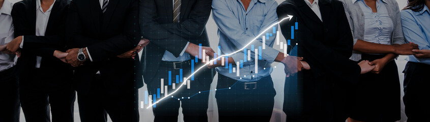 A diverse group of business professionals stands united, showcasing teamwork and collaboration,...