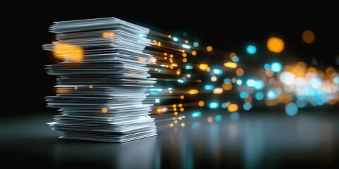 An artistic shot of a stack of documents with an eye-catching visual effect of data transmission lines, emphasizing information flow and digital connection.