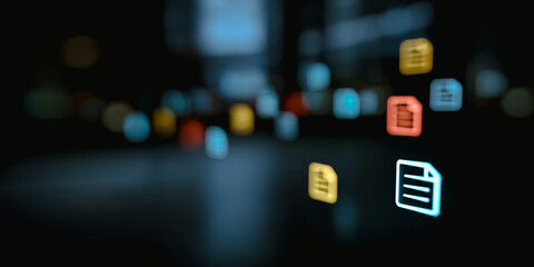 Floating document icons on a blurred background, representing digital files and data storage. The image signifies the virtual world of technology.