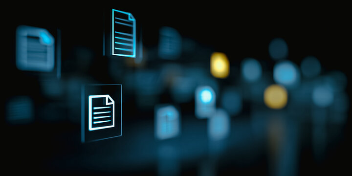 Abstract representation of digital data, documents floating in cyberspace, symbolizing the interconnectedness of information in the modern digital landscape. - Powered by Adobe