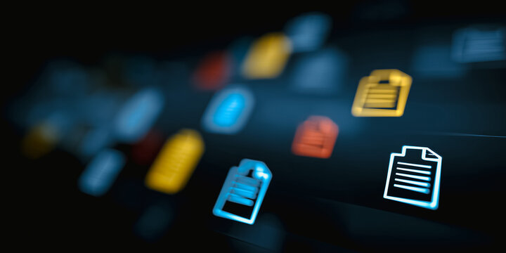 Digital document icons illuminate a screen, showcasing a futuristic data management system, suggesting connectivity and modern technology. - Powered by Adobe