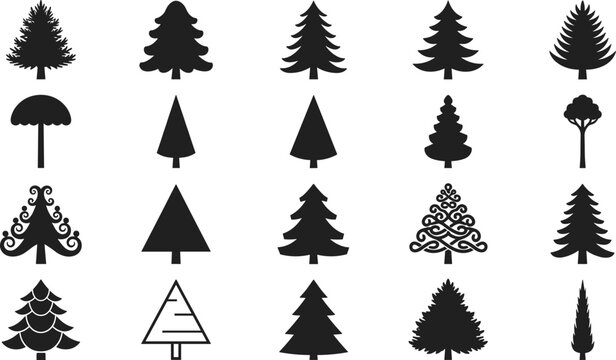 Set of Black Silhouette Pine and Evergreen Christmas Trees, Fir Conifers, Nature Forest Icons, Simple and Detailed CAD Vector Drawings for Holiday Design, CAD drawing flat vector illustration