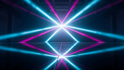 Abstract stage lights with blue and pink neon beams reflecting on dark floor