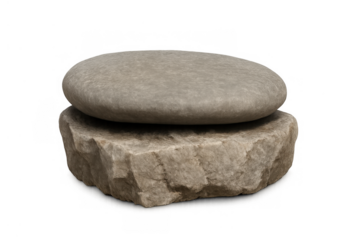 Stacked natural stone platform creating balance and stability for product display on transparent background