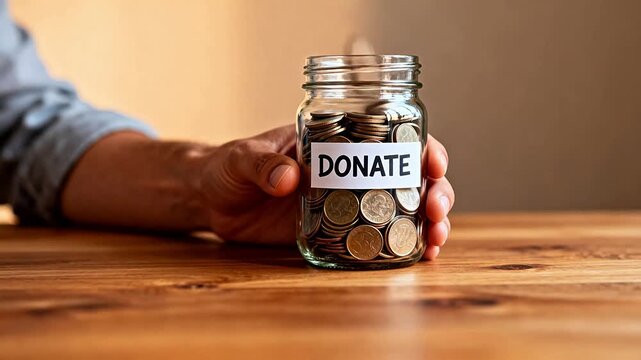 Hand holding jar with coins labeled donate