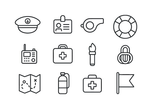 Boat Safety Icons Set. Boat crew and safety. Line icon set of bo
