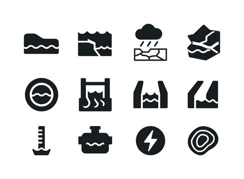 Flood Control Icons. Flood control wetlands. Solid icon set of f