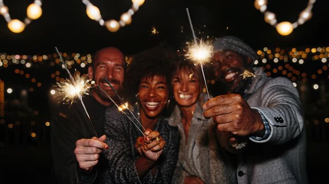 black friends celebrating with sparklers, close-up group portrait, laughter and smiling faces, candid joy and movement, warm bokeh lights, outdoor evening