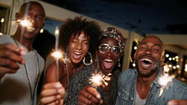 black friends celebrating with sparklers, close-up group portrait, laughter and smiling faces, candid joy and movement, warm bokeh lights, outdoor evening