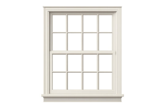 White classic sash window with mullions and transparent glass, isolated architectural element featuring wooden frame