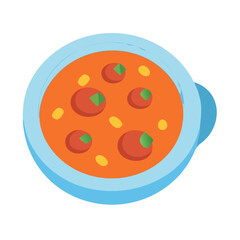 Flat vector bowl of tomato soup with meatballs garnish
