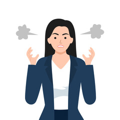 Furious young woman with steam blow from ears feel angry mad having life problems. Unhappy girl distressed and enraged. Emotion and anger control. Flat vector illustration.