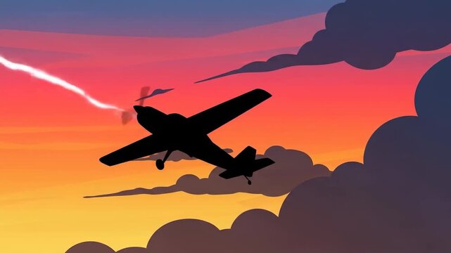 Pixelated Silhouette Of Airplane Flying At Sunset Against A Multicolored Sky With Cloudy Background