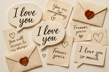 Love Notes: Handwritten messages of affection and commitment adorn parchment-like papers, accompanied by sealed envelopes and hearts. Conveying sentiment in a visually and evocative presentation.