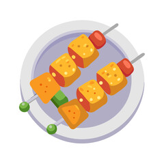 Colorful vegetable skewers on a plate against white background