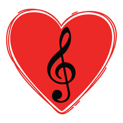 Red heart shape with black musical treble clef symbol inside. Love music concept vector illustration isolated on white background. Artistic melody and romance sign for wedding or valentine design.