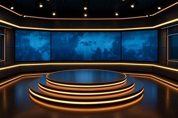 Futuristic digital studio interior with round podium and blue pixel world map screen background for modern media or technology concept. Ai generative