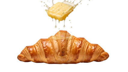 Golden flaky croissant ready for a pat of melting butter splashing down creating a delicious breakfast or bakery advertisement concept