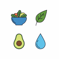Healthy food icons including salad avocado leaf and water drop.