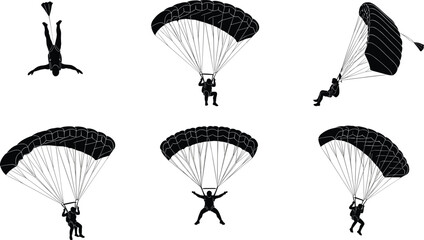 Silhouettes of skydivers and paratroopers in various freefall and canopy descent positions, dynamic vector illustrations capturing the thrill and freedom of parachute jumping background. © EMON