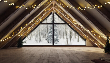 Cozy attic room with slanted roof window overlooks snowy forest through triangular window