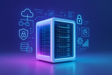 Futuristic data server with neon lights and digital security icons on blue background illustrating modern cloud computing concept.. Ai generative