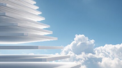 Corporate Mission Concept Backdrop Shows Stacked Translucent Panels Fading Into the Sky With Clouds in View Under Sunlight