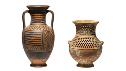 Two ancient ceramic vessels one decorated with geometric patterns and the other featuring intricate perforated designs on black