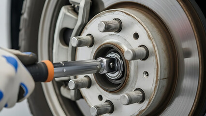 Automotive repair with wrench adjusting wheel hub and lug nuts of car wheel. Professional mechanic tightening wheel assembly using torque wrench during vehicle maintenance.