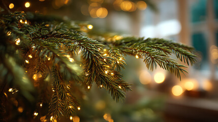 A close-up of a pine branch adorned with warm, glowing lights, creating a cozy ambiance reminiscent of the holiday season.