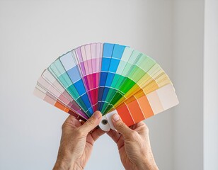 Close Up Of Hands Holding Open Color Swatch Fan Displaying A Spectrum Of Vibrant Hues Against A Plain White Background In Natural Light