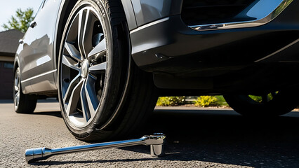 Flat tire on vehicle with wrench lying on asphalt surface near wheel. Flat tire reveals need for repair or replacement; wrench highlights DIY approach to vehicle maintenance. Concept flat tire repair.