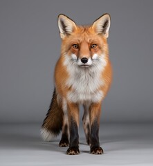 Obraz premium Full shot of wild adult fox vulpes vulpes looking at the camera on gray studio background front view
