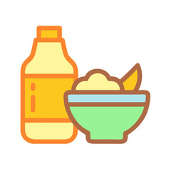 Stylized still life featuring bottle and bowl of food