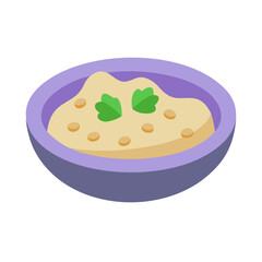 Isometric hummus bowl with parsley and chickpea topping