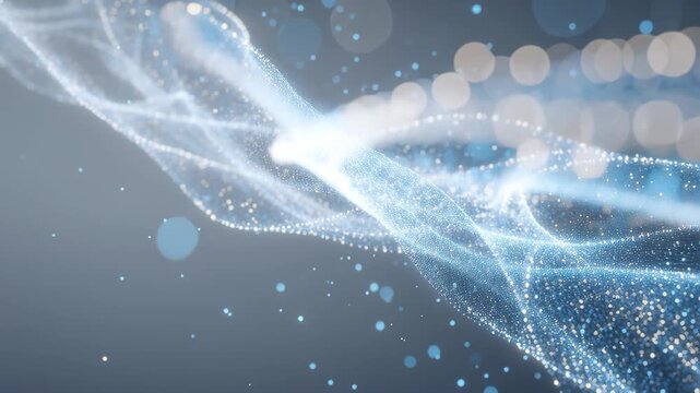 Abstract flowing particles forming digital wave on soft blue background