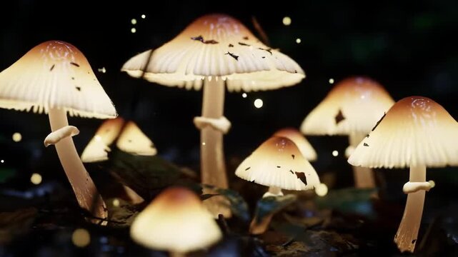 Mushrooms Growing in Forest, Fireflies Glowing, for fantasy, nature stock