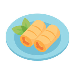 Two spring rolls on a light blue plate visual