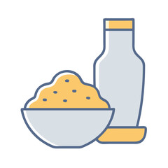 Flat illustration of a bowl with rice and bottle