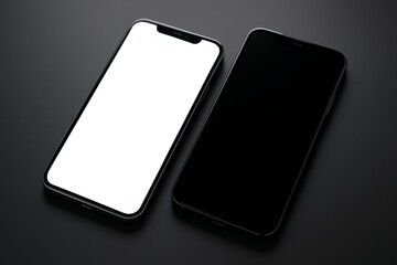 Naklejka premium Two modern smartphones with blank and black screens placed side by side on dark surface background, symbolizing contrast and technology concept. Ai generative