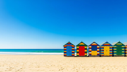 Obraz premium Colorful beach huts lined along sandy shore with clear blue sky and ocean in background. Colorful beach huts create vibrant scene for summer vacation and travel photography. Concept beach lifestyle.