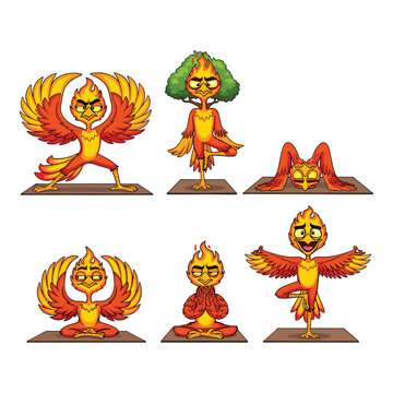 Funny phoenix bird characters doing yoga poses set. Cute fire mythological creature fitness and meditation vector illustration. Fantasy animal workout mascot collection.