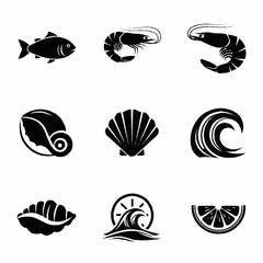 Collection of marine life and ocean themed black and white icons.