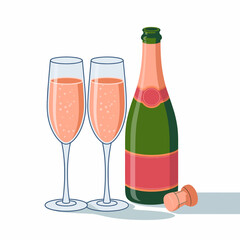 A beautifully arranged image depicting two elegant champagne flutes filled with sparkling pink champagne next to a bottle ready for celebration and joy.