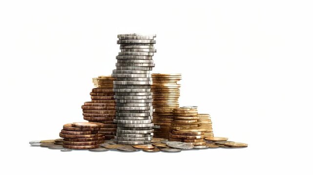 Various stacks of silver, gold, and copper coins organized by height on a white background, symbolizing wealth, finance, or savings concept