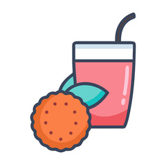 A flat cartoon snack image with drink and cookie