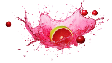 Bright pink juice splash with fruit droplets captured in motion on transparent background