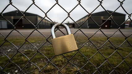 Locked padlock on chain-link fence securing two industrial buildings behind it. Industrial area features a chain-link fence with metal padlock prominently displayed.