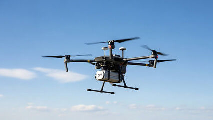 Fototapeta premium Drone flying in blue sky with clouds, showing cutting-edge technology in aerial surveillance. Drone demonstrates capabilities of modern technology and innovation in transportation and photography.